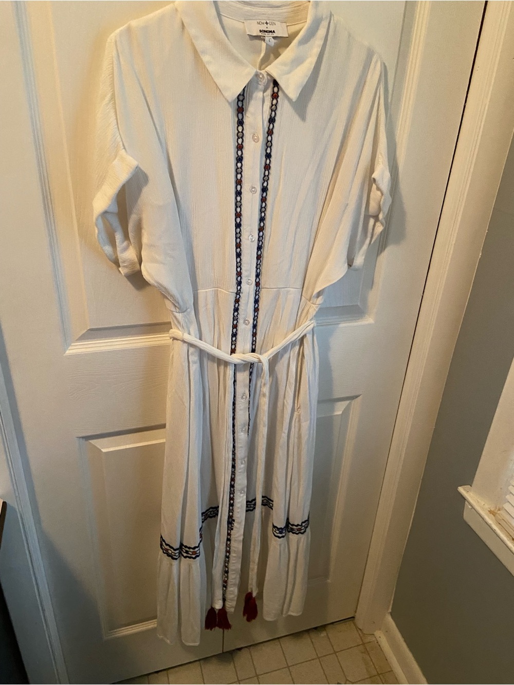 Sonoma White Midi Dress with Navy Embroidered Trim